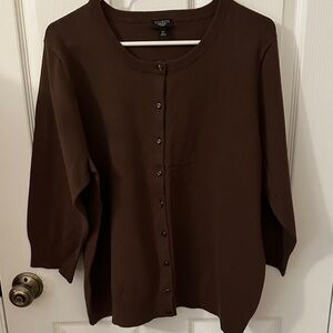 Talbots Chocolate Button Down Sweater with three quarter sleeves